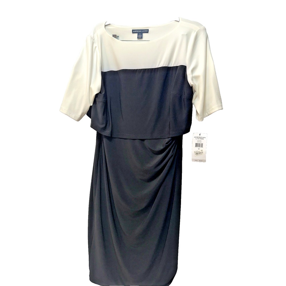 American Living/Ralph Lauren Black/Cream Two-Toned Popover Stretch Jersey Dress